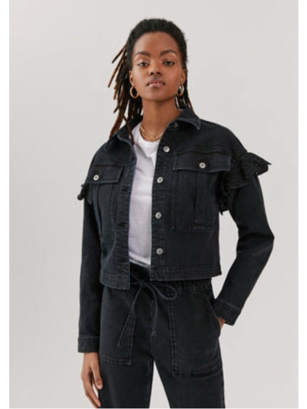 Something Navy: Celeste Ruffle Jacket, Washed Indigo (BLACK DENIM)